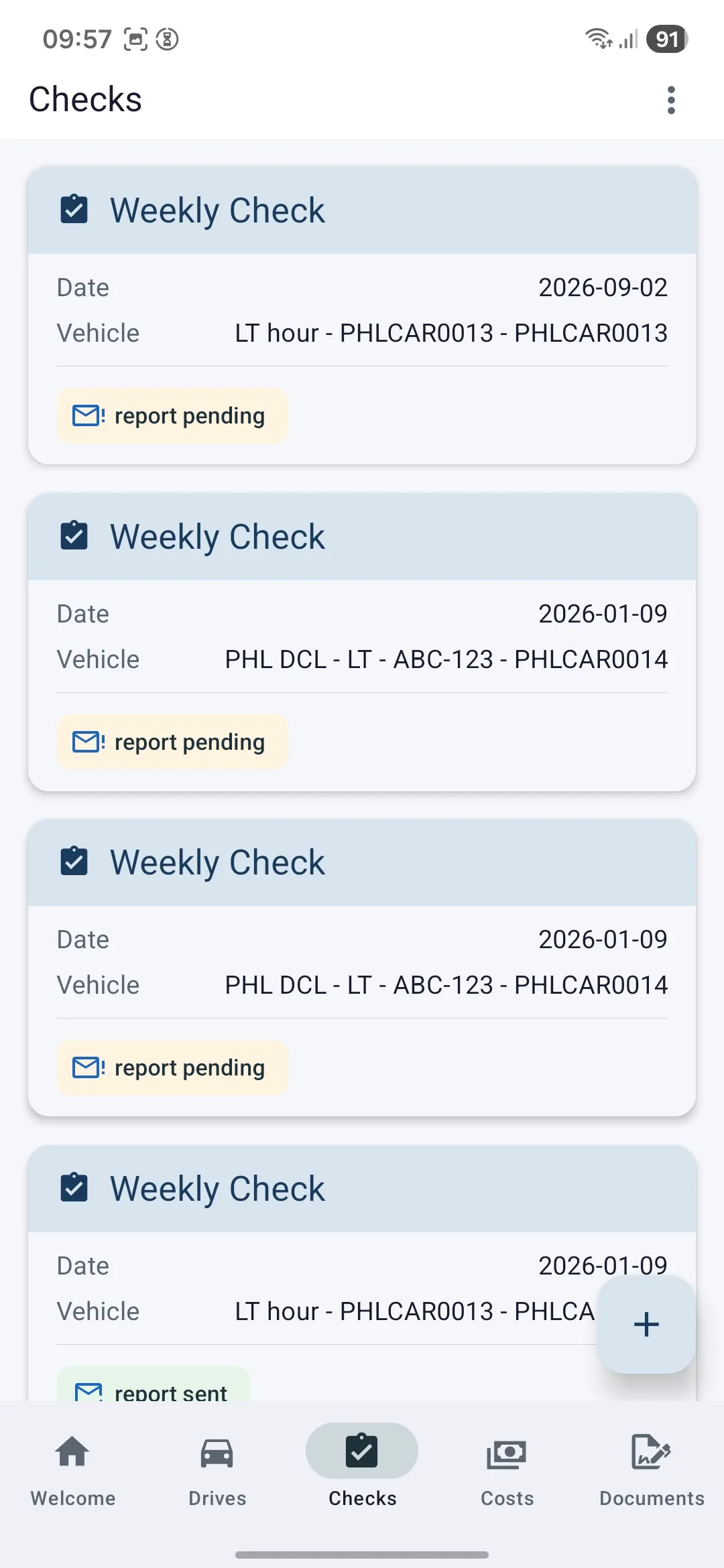 The Logbook checks list, showing weekly vehicle checks and their report status