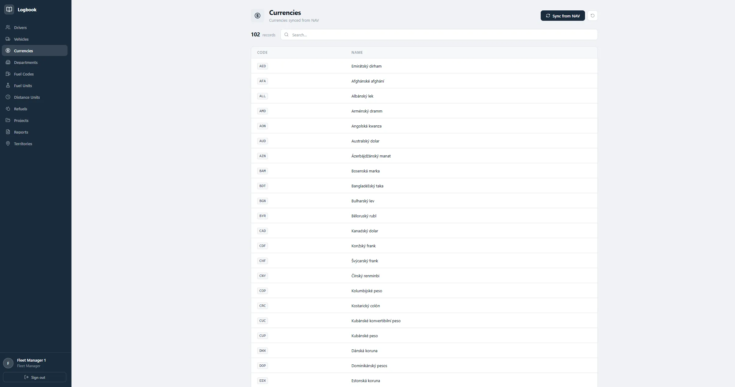 The currencies reference table in the Logbook dashboard