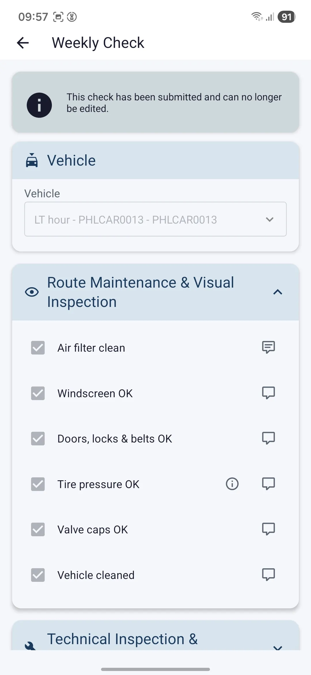 A submitted weekly check in Logbook, with its route maintenance and visual inspection checklist