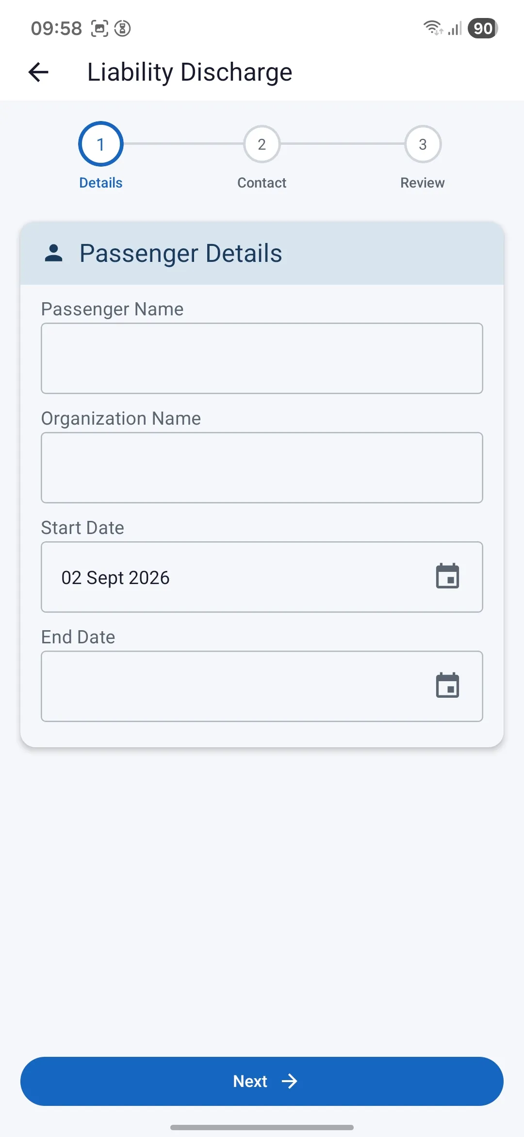 The Logbook liability discharge form, on the passenger details step