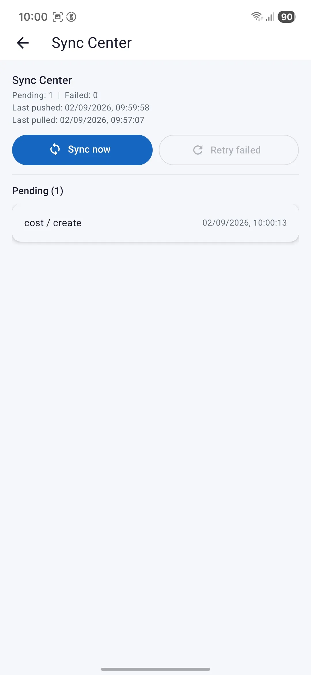 The Logbook sync centre, showing a pending record waiting to upload